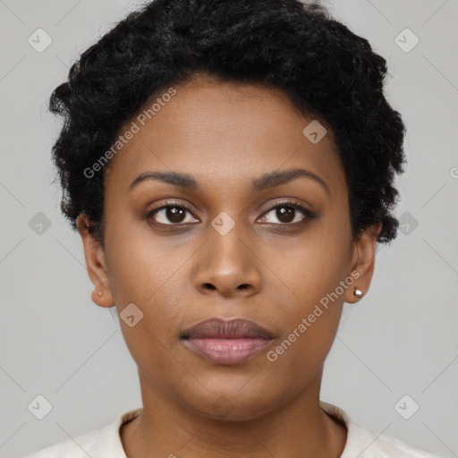 Neutral black young-adult female with short  black hair and brown eyes