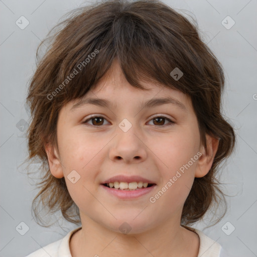 Joyful white child female with medium  brown hair and brown eyes