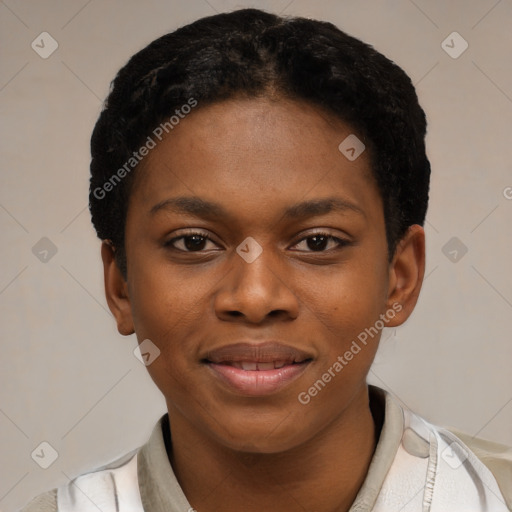 Joyful latino young-adult female with short  black hair and brown eyes