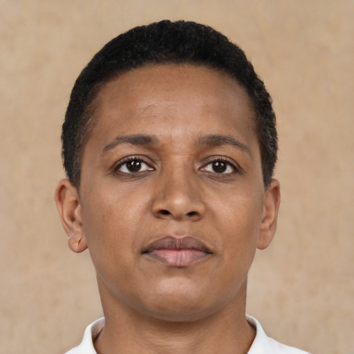 Neutral black young-adult female with short  brown hair and brown eyes