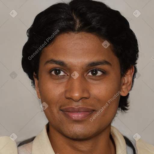 Joyful latino young-adult female with short  brown hair and brown eyes