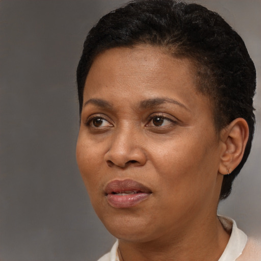 Joyful black adult female with short  brown hair and brown eyes