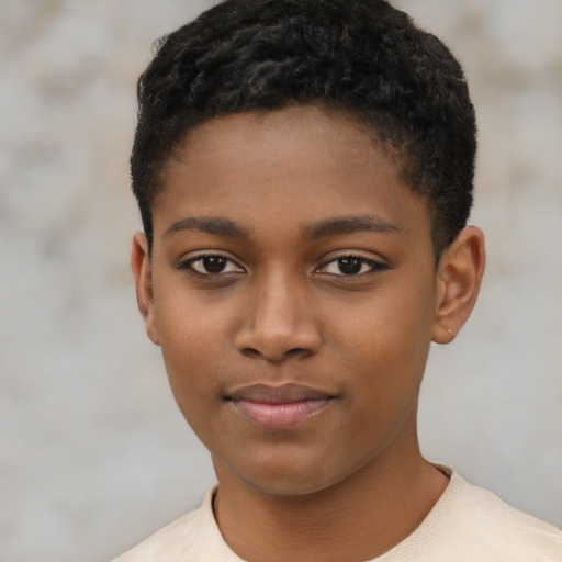 Joyful black child female with short  black hair and brown eyes