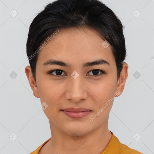 Joyful asian young-adult female with short  brown hair and brown eyes