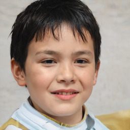 Joyful white child female with short  brown hair and brown eyes