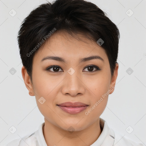 Joyful asian young-adult female with short  brown hair and brown eyes