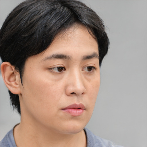 Neutral asian young-adult male with medium  brown hair and brown eyes