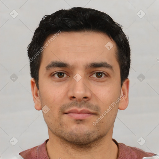 Neutral latino young-adult male with short  black hair and brown eyes