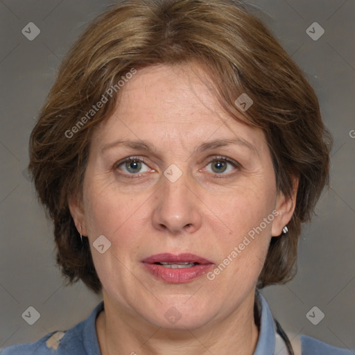 Joyful white adult female with medium  brown hair and grey eyes