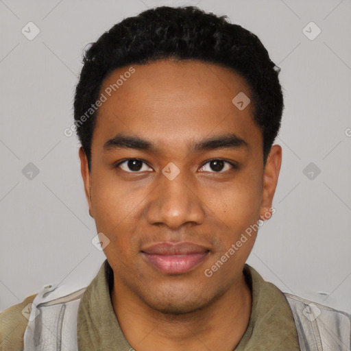 Joyful black young-adult male with short  black hair and brown eyes