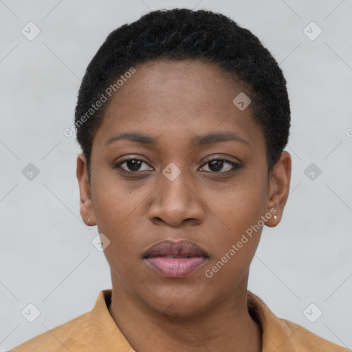 Neutral black young-adult female with short  black hair and brown eyes