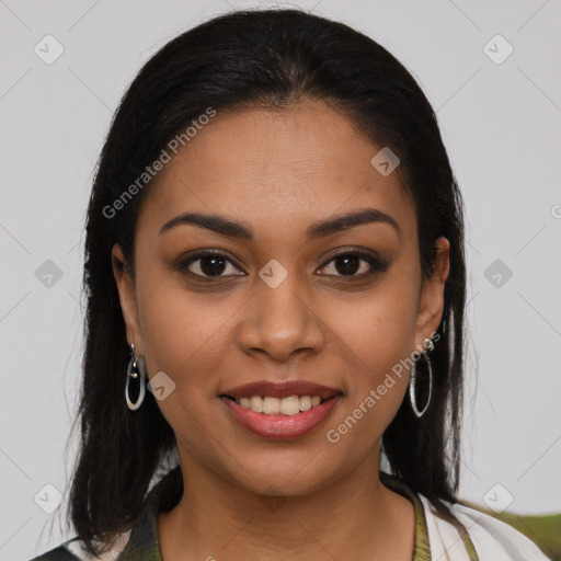 Joyful latino young-adult female with medium  brown hair and brown eyes