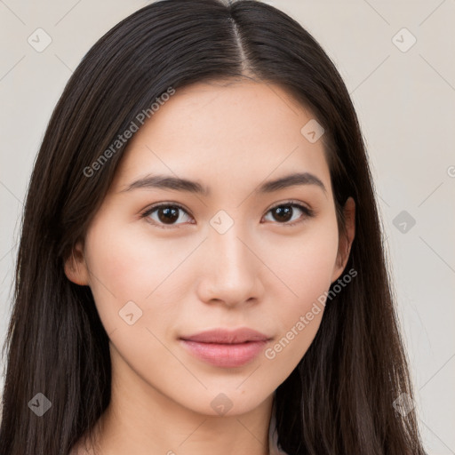 Neutral white young-adult female with long  brown hair and brown eyes