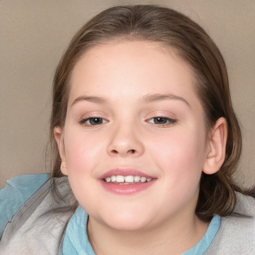 Joyful white child female with medium  brown hair and blue eyes