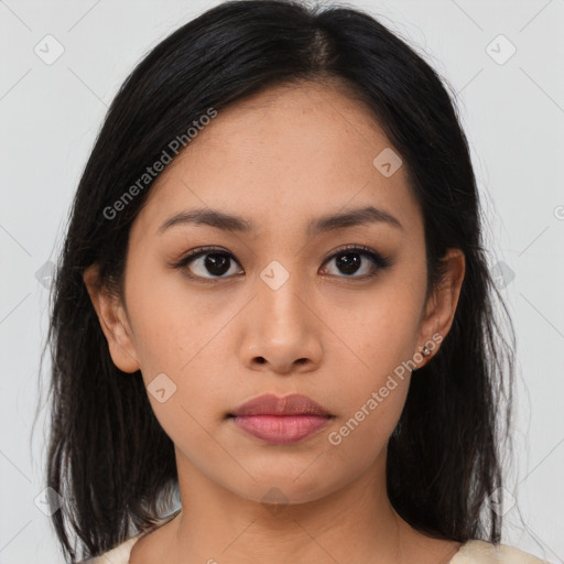 Neutral asian young-adult female with medium  black hair and brown eyes