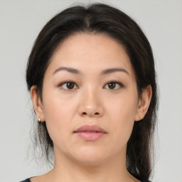 Neutral asian young-adult female with medium  brown hair and brown eyes