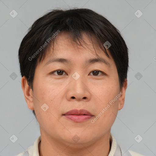 Neutral asian adult male with short  brown hair and brown eyes