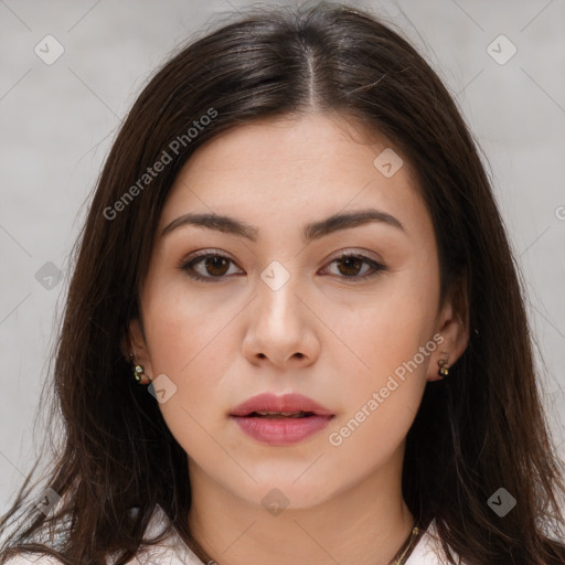 Neutral white young-adult female with long  brown hair and brown eyes