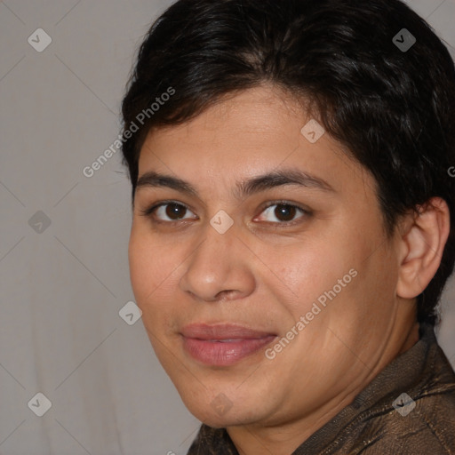 Joyful white young-adult female with medium  brown hair and brown eyes