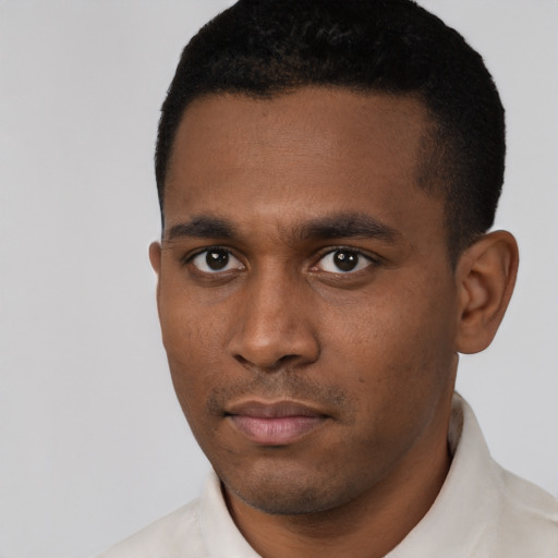 Neutral black young-adult male with short  black hair and brown eyes