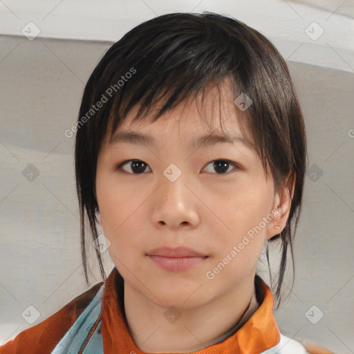 Neutral white young-adult female with medium  brown hair and brown eyes