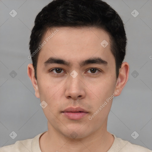 Neutral white young-adult male with short  black hair and brown eyes