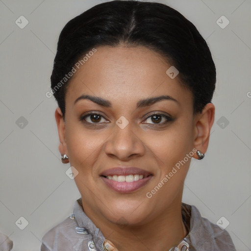 Joyful latino young-adult female with short  brown hair and brown eyes