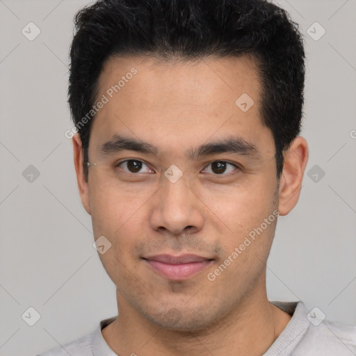 Neutral latino young-adult male with short  black hair and brown eyes