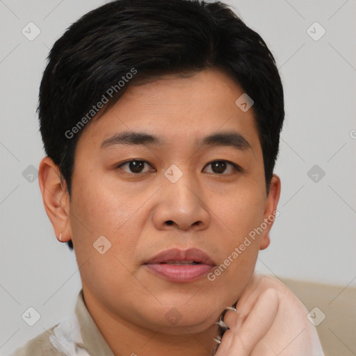 Joyful asian young-adult male with short  brown hair and brown eyes