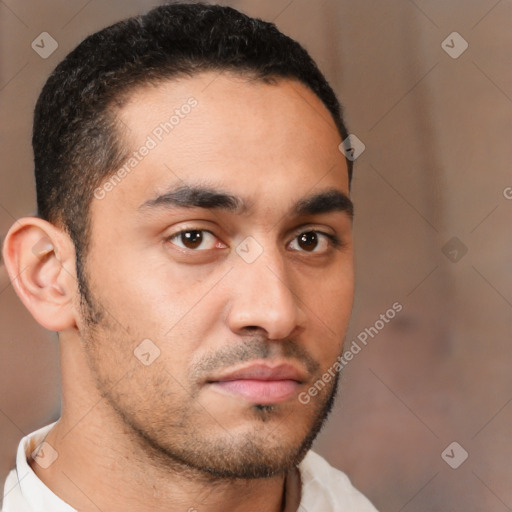 Neutral white young-adult male with short  brown hair and brown eyes