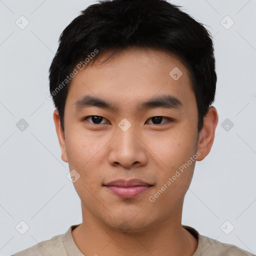 Neutral asian young-adult male with short  black hair and brown eyes