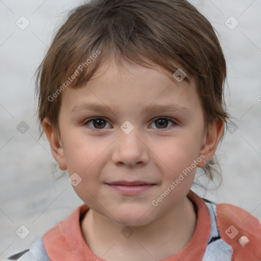 Joyful white child female with medium  brown hair and brown eyes