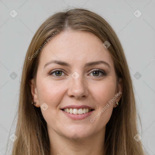 Joyful white young-adult female with long  brown hair and grey eyes