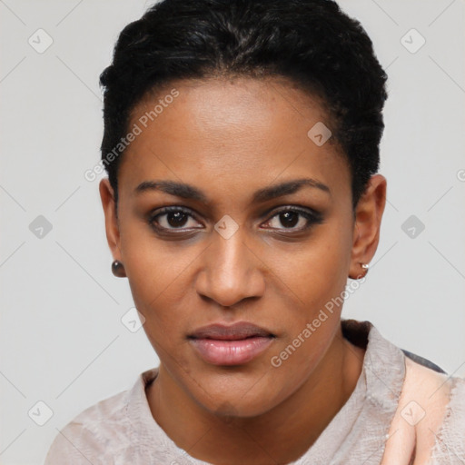 Joyful latino young-adult female with short  black hair and brown eyes