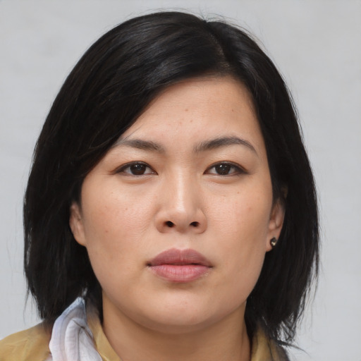 Neutral asian young-adult female with medium  black hair and brown eyes