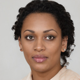 Neutral black young-adult female with short  black hair and brown eyes