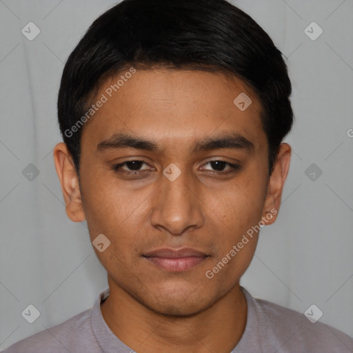 Neutral latino young-adult male with short  black hair and brown eyes