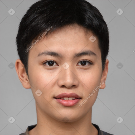 Joyful asian young-adult male with short  brown hair and brown eyes