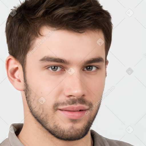 Neutral white young-adult male with short  brown hair and brown eyes