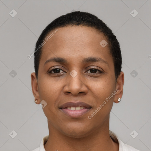 Joyful latino young-adult female with short  black hair and brown eyes