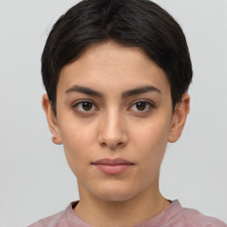 Neutral white young-adult female with short  brown hair and brown eyes