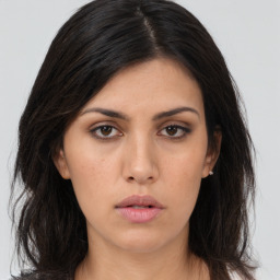 Neutral asian young-adult female with long  brown hair and brown eyes