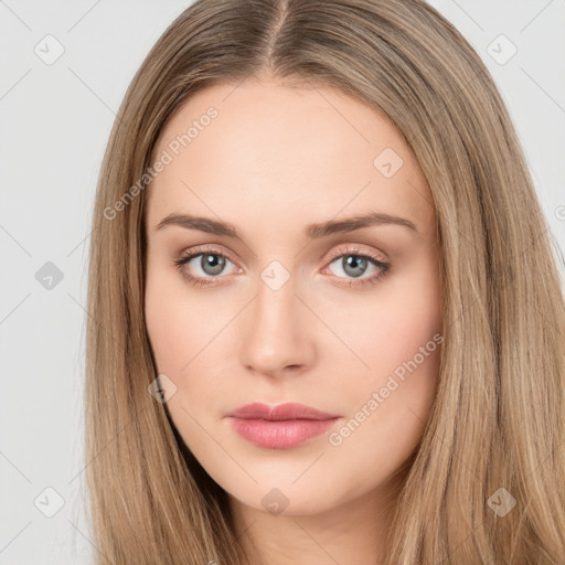 Neutral white young-adult female with long  brown hair and brown eyes