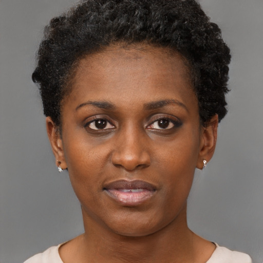Neutral black young-adult female with short  black hair and brown eyes