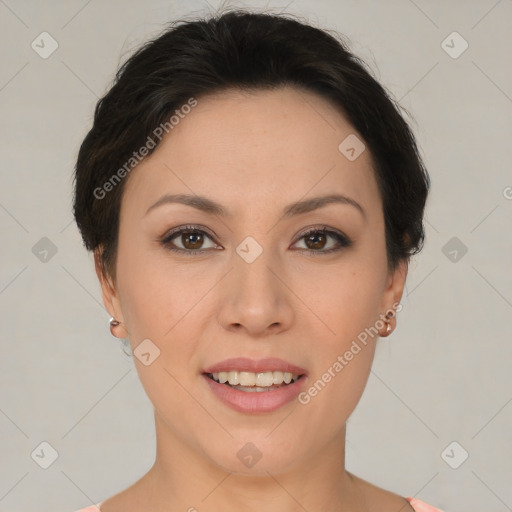 Joyful asian young-adult female with short  brown hair and brown eyes