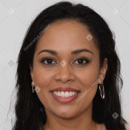 Joyful latino young-adult female with long  brown hair and brown eyes