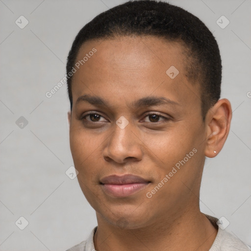 Joyful latino young-adult female with short  brown hair and brown eyes