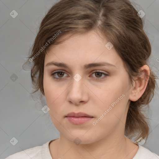 Neutral white young-adult female with medium  brown hair and brown eyes