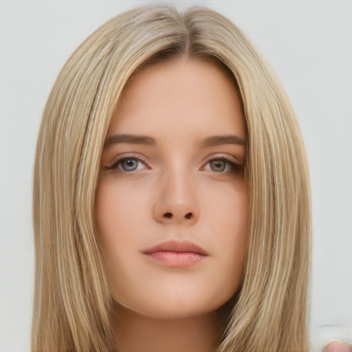 Neutral white young-adult female with long  brown hair and brown eyes