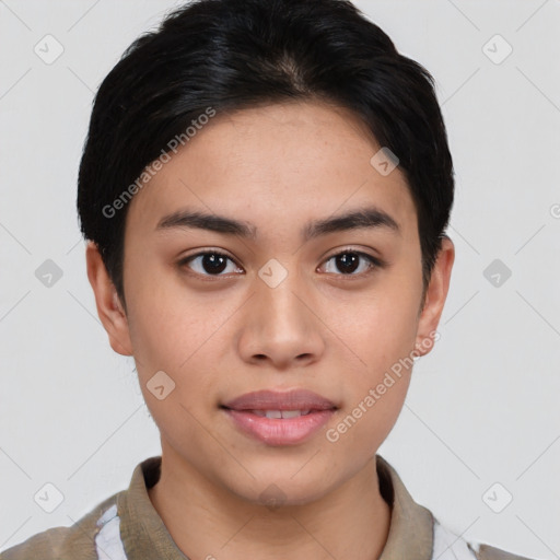 Joyful asian young-adult female with short  brown hair and brown eyes